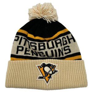 CCM Unisex Beige Black Knit Pom Pom Pittsburgh Penguins NHL Beanie Hat NWT